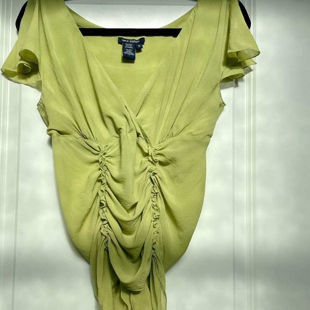Max Studio green silk flutter sleeve blouse